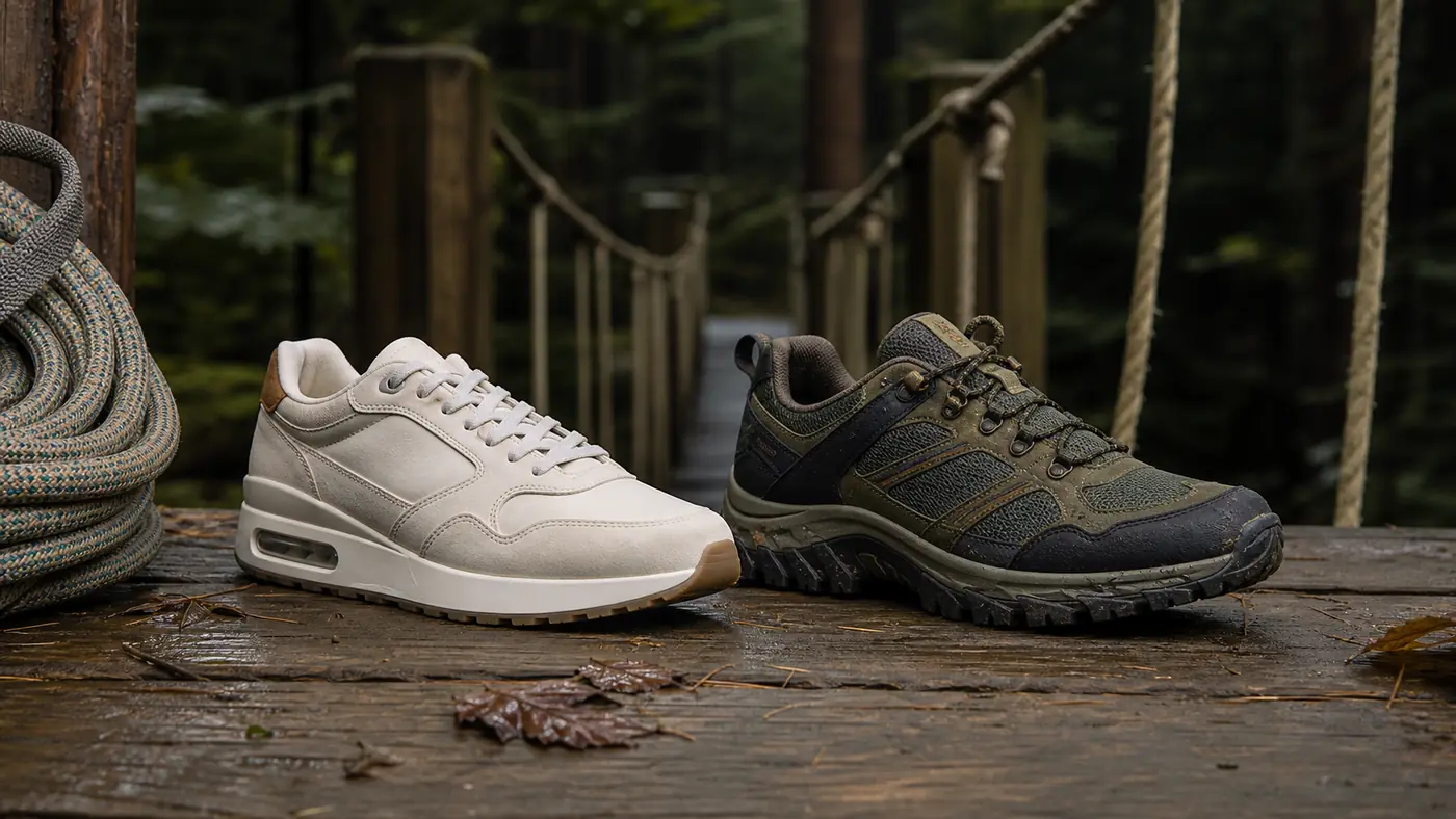 Unbranded air-cushioned lifestyle sneaker beside a rugged trail shoe at a forest rope bridge