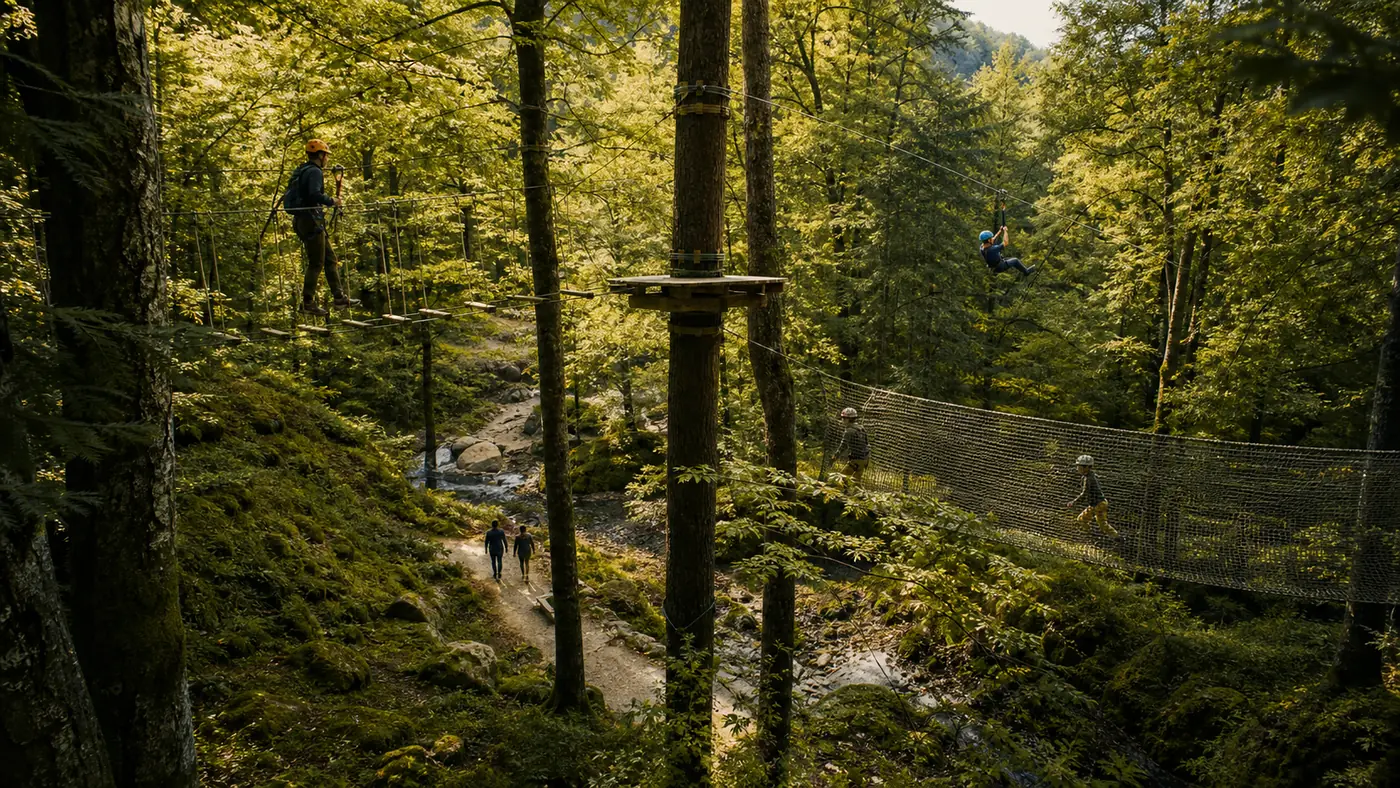 High ropes crossing, zipline, net course and walking path in a forest adventure park