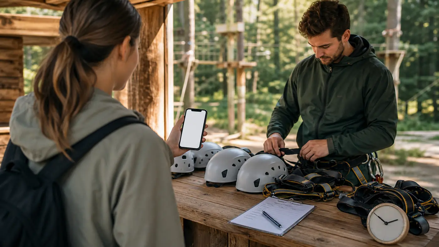 Visitor checking a booking phone at a forest rope park equipment desk