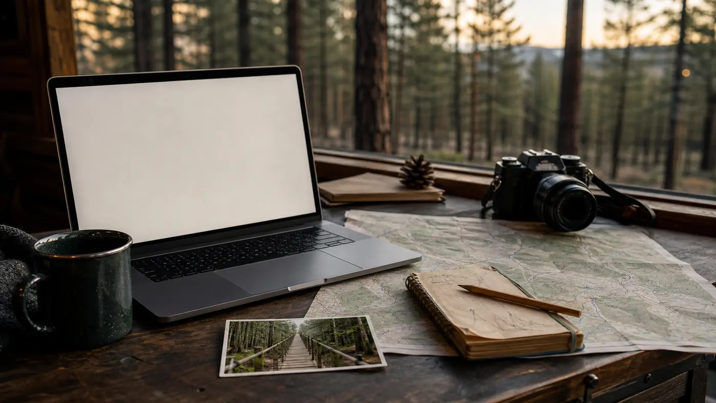 Outdoor editorial desk with laptop, map, notebook and camera beside a forest window
