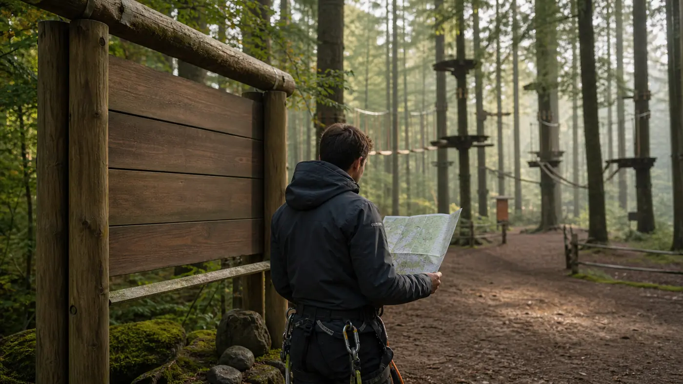 Visitor reading a route map at the entrance to a forest high ropes course