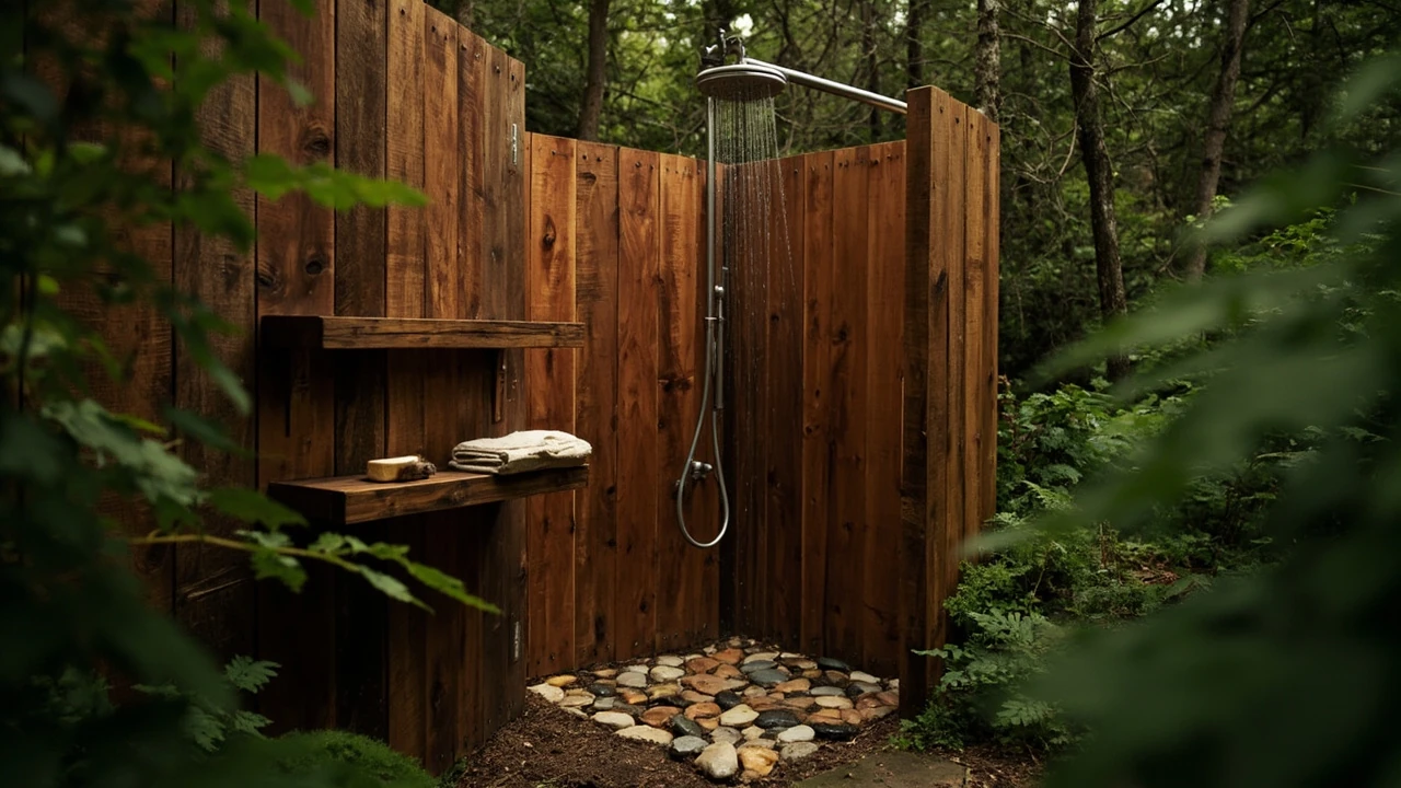 Outdoor shower ideas, plumbing and etiquette for adventure parks and cabins editorial illustration