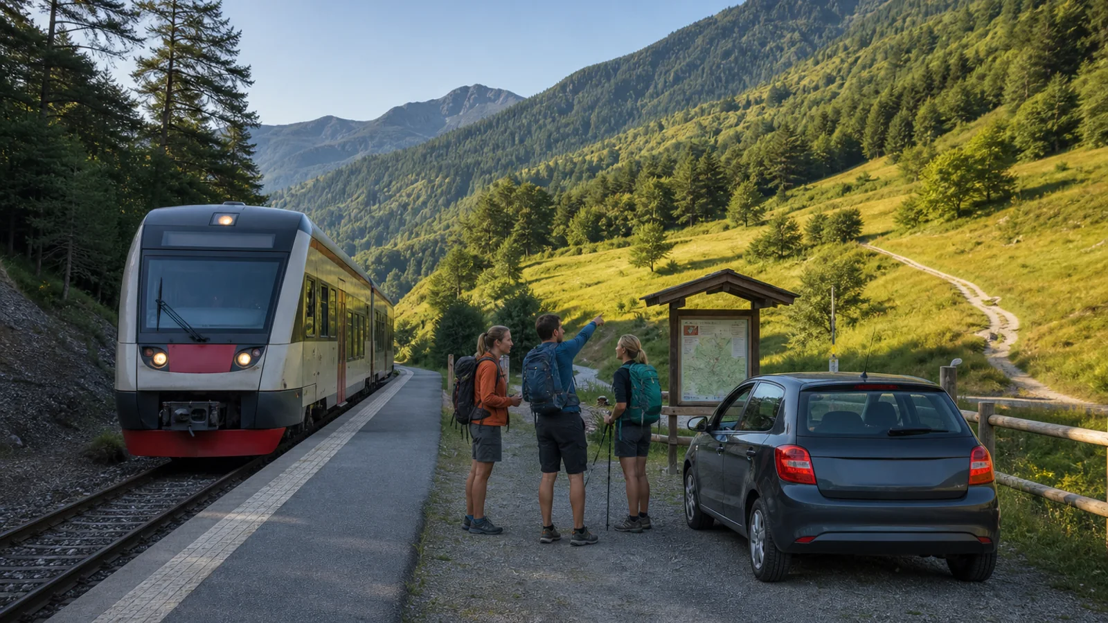 Train or Car for an Outdoor Day Trip? A Practical Comparison editorial illustration