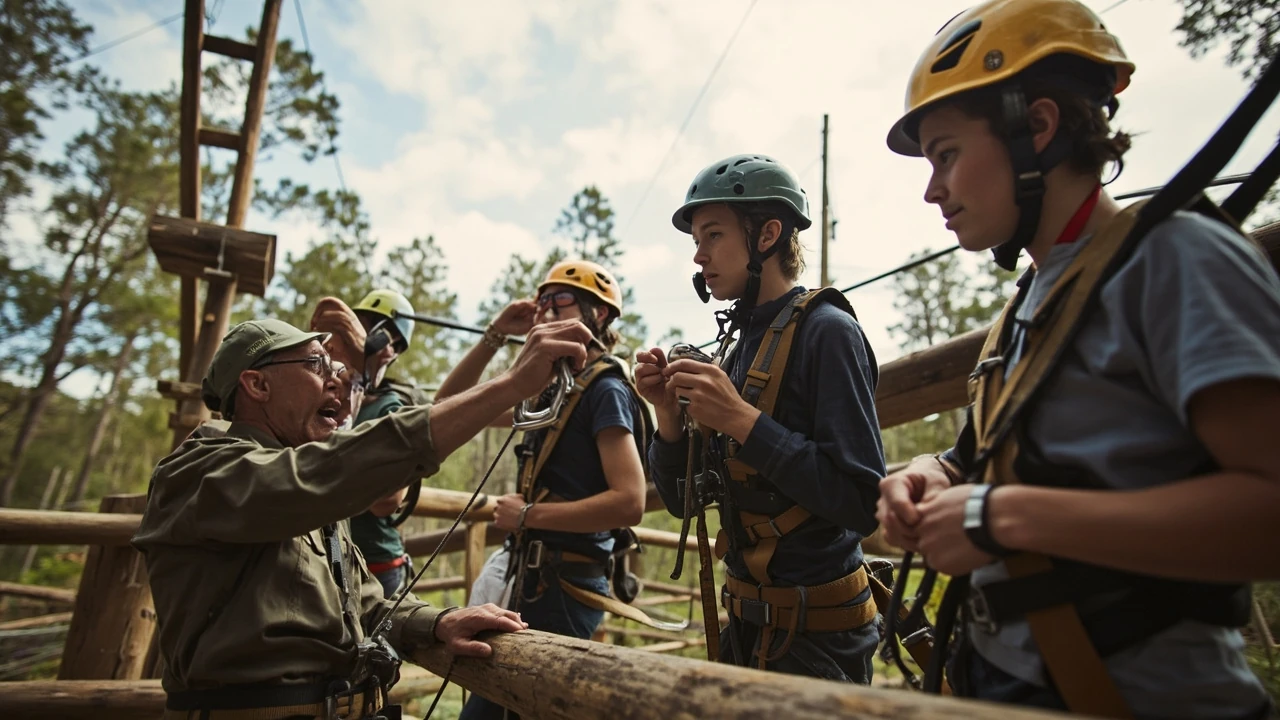 What happens during a high ropes safety briefing: a step-by-step walkthrough editorial illustration