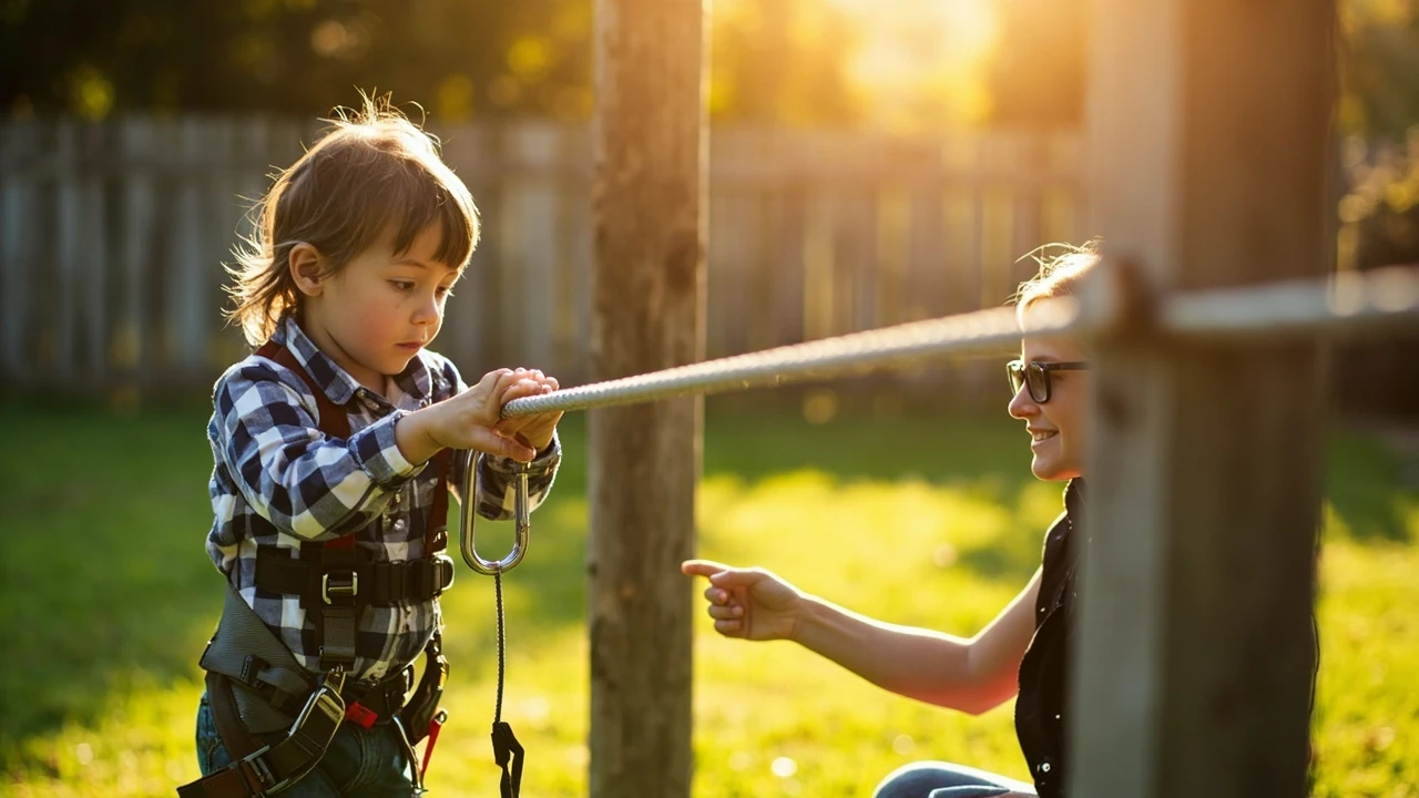 How children can practice clipping before a ropes course editorial illustration