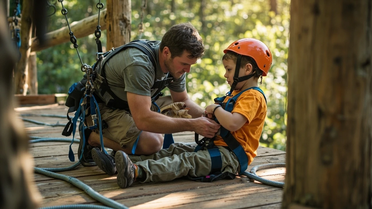 How harness fit checks work for children on ropes courses editorial illustration