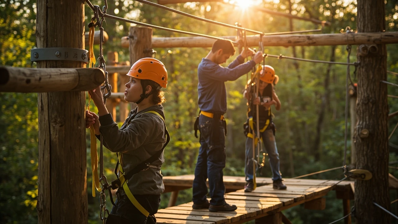 How adventure park staff perform pre opening checks editorial illustration
